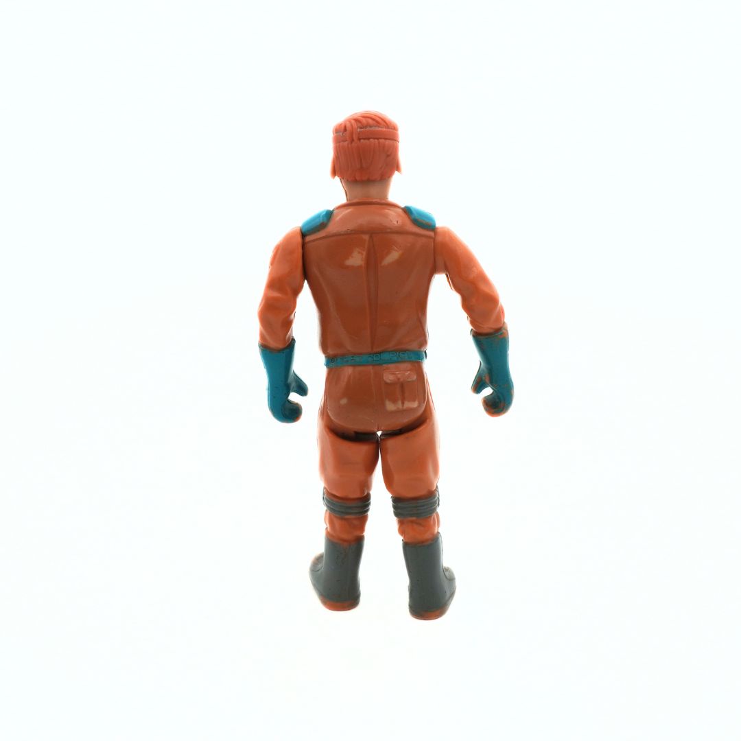Action figure in orange and blue costume on a white background