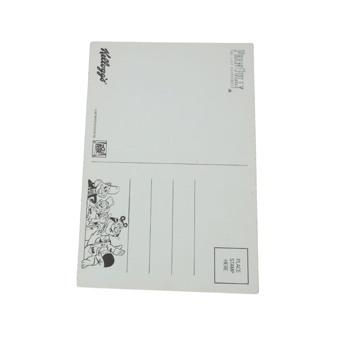 A white rectangular postcard with black printed text and a small black-and-white cartoon illustration, photographed on a plain white background.