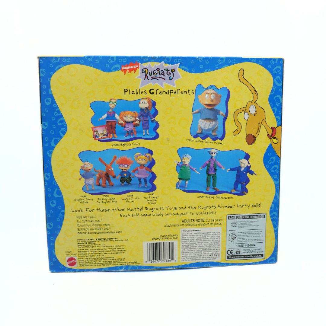 Back of a toy packaging with cartoon characters and text on a blue and yellow background