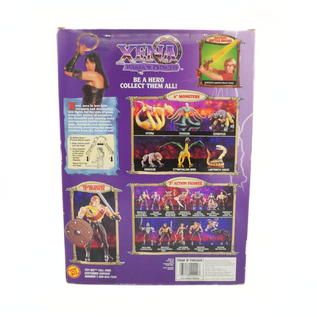 Vintage Xena Warrior Princess toy packaging with character illustrations and promotional text.
