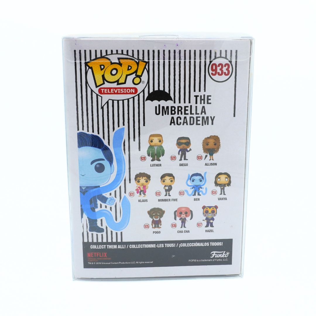 Funko Pop! Television 'The Umbrella Academy' figure box, number 933, featuring the character Sebastian in a blue suit, with other character illustrations on the front.
