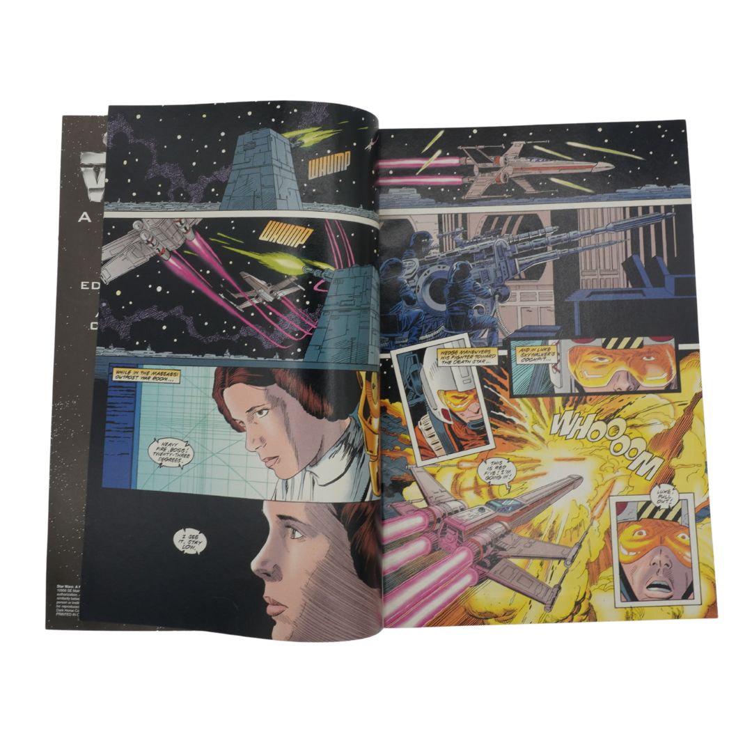 Comic book open to a page with space-themed illustrations and character portraits.