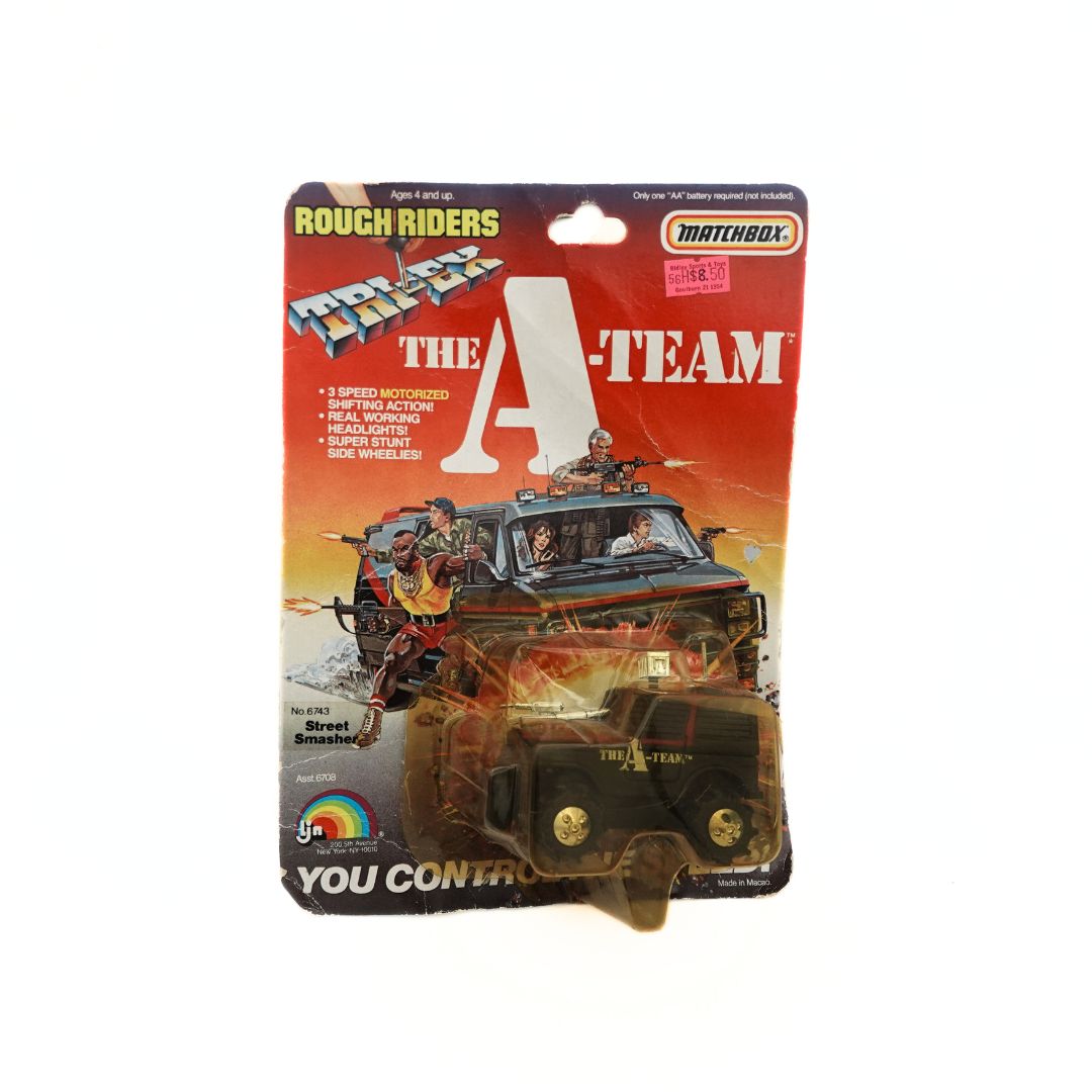 A vintage 1983 black Street Smasher from The A-Team in its original packaging on a sunset toned cardback