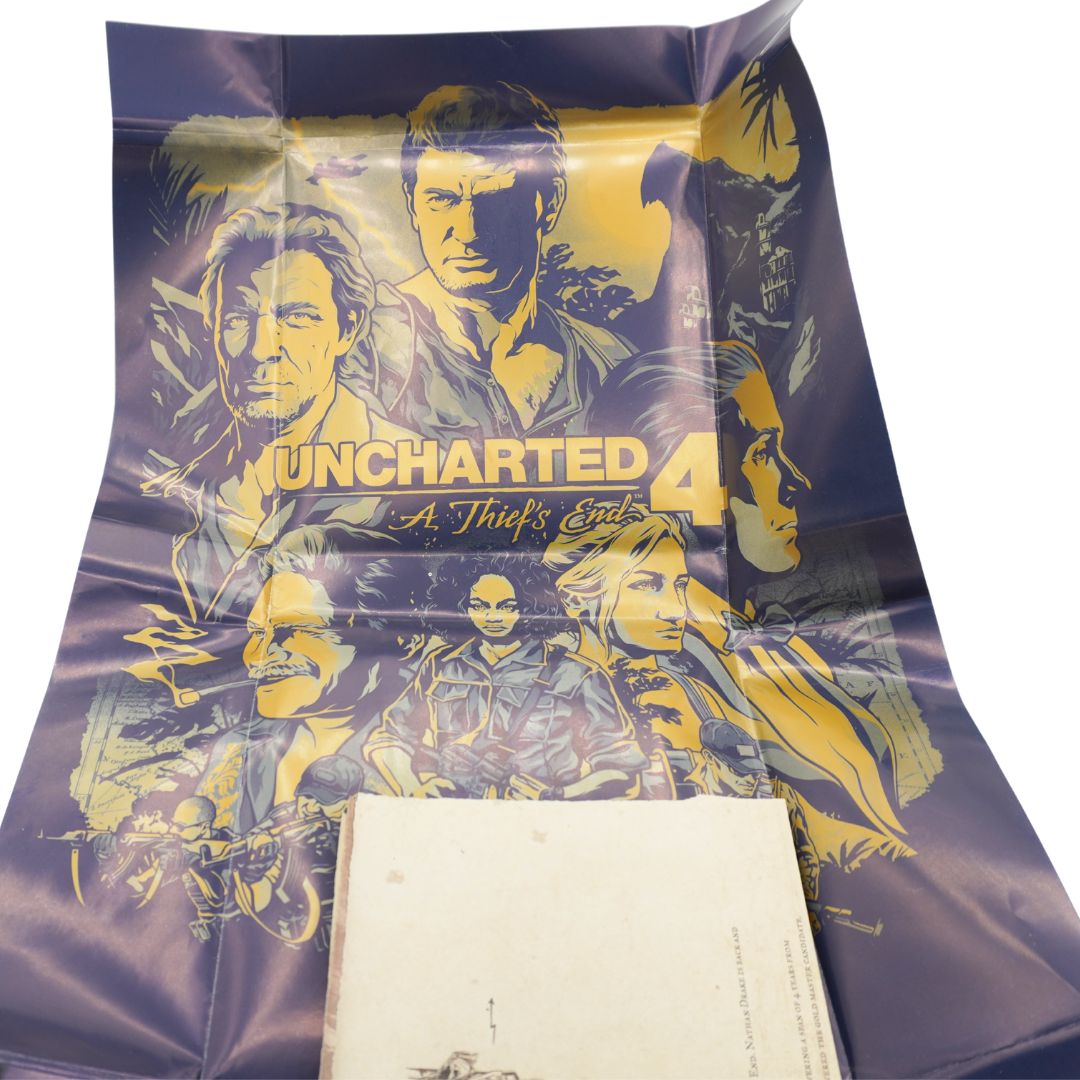 A printed promotional poster or art print for Uncharted 4: A Thief's End, shown laid out against a white background. The artwork features stylized portraits of characters in yellow and blue tones on a dark purple field, with the game title visible near the center.