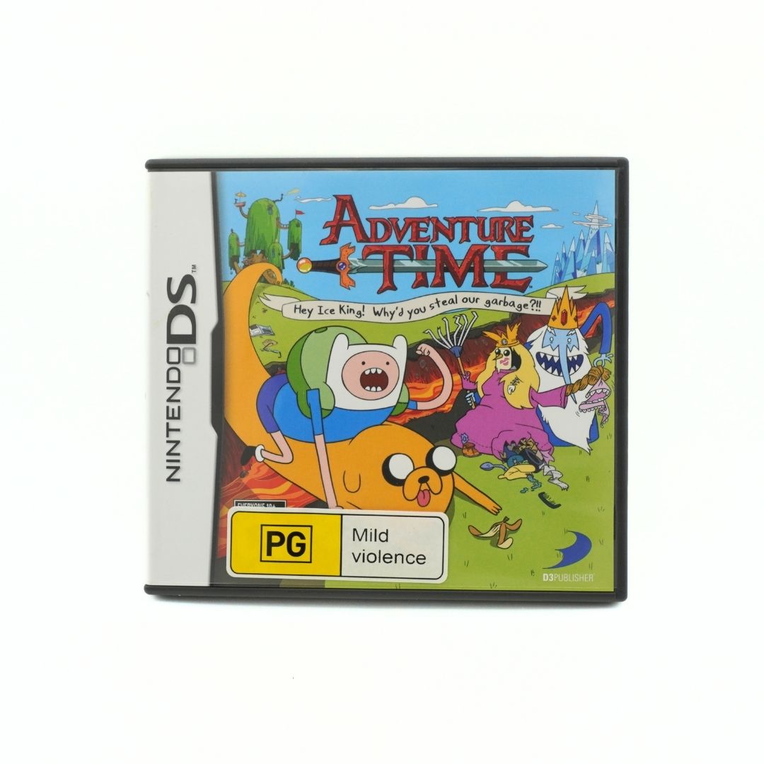 Nintendo DS Adventure Time game case with Australian PG rating, featuring Finn, Jake, and other characters on the cover art.