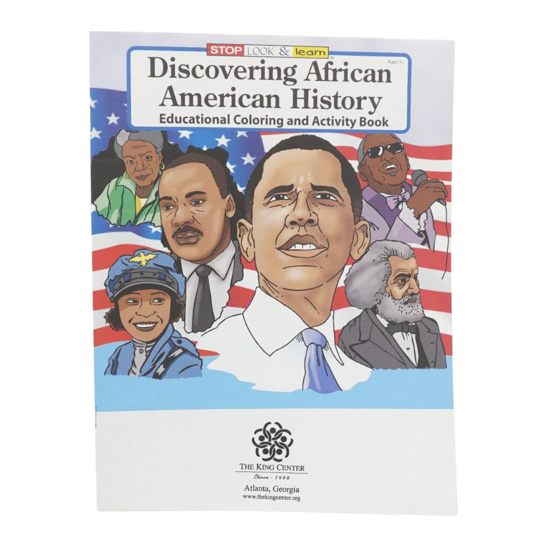 Discovering African American History educational coloring and activity book by The King Center, featuring a colorful cover illustration of historical figures against an American flag background.