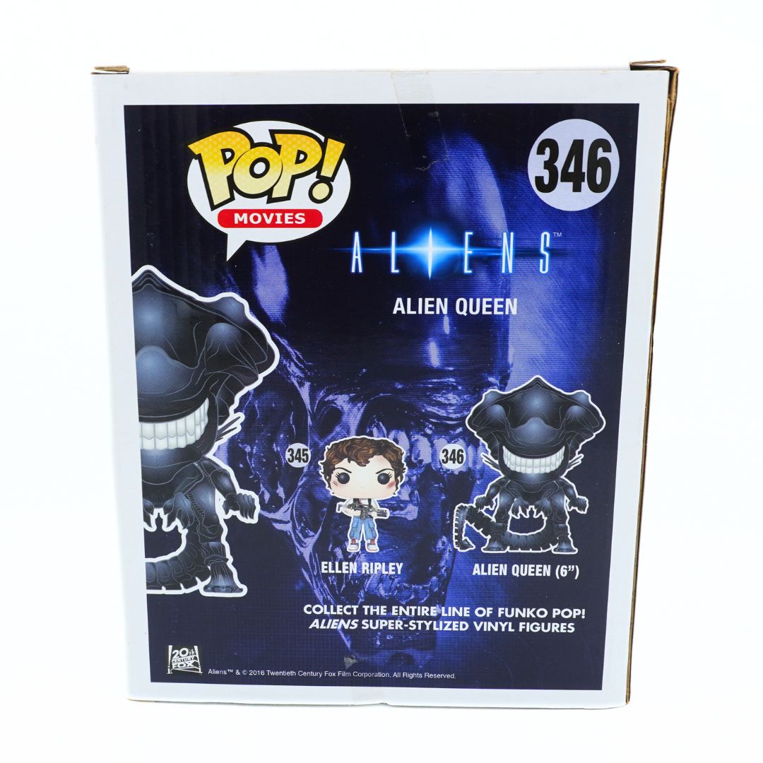 Funko Pop! Movies Alien Queen vinyl figure box, number 346, featuring illustrated figures of the Alien Queen and Ellen Ripley on a dark blue Alien Queen themed card, set against a plain white background.