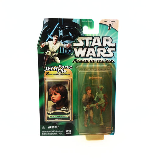 Photo of the Anakin Power of the Jedi toy holding a droid that he is working on, on a green and black cardback