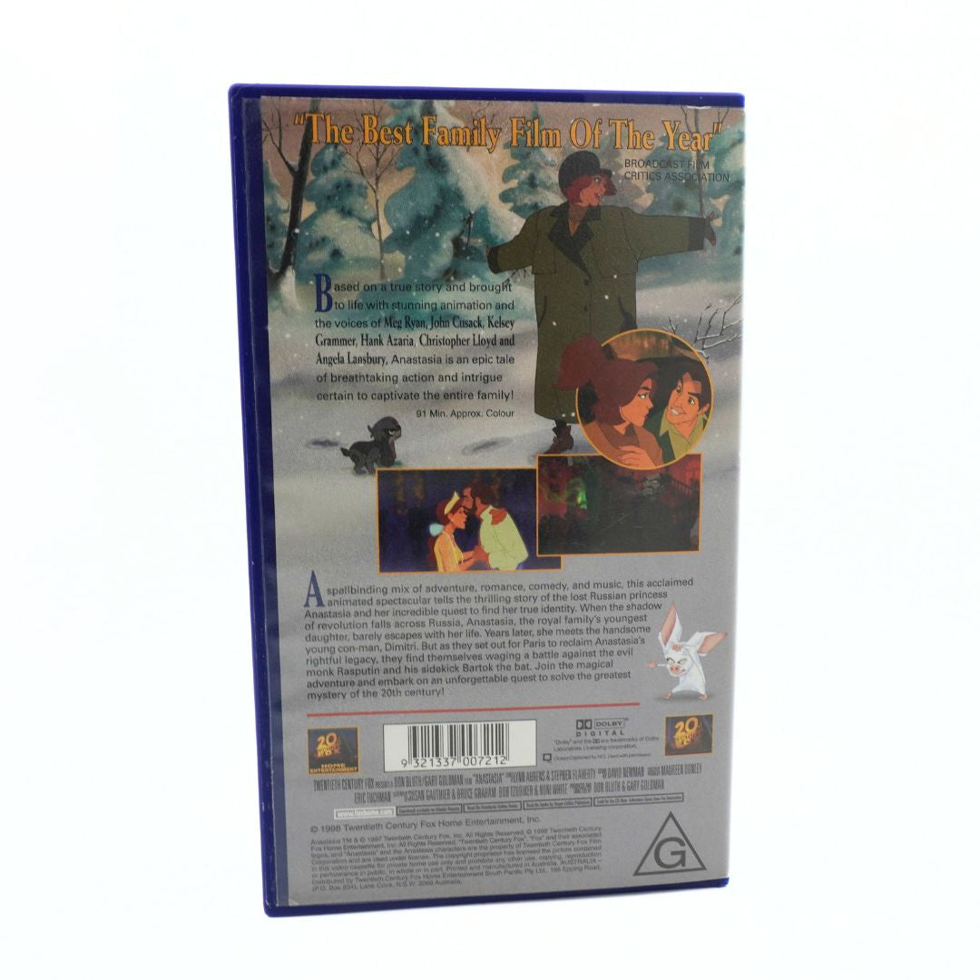 Back cover of a VHS with a winter scene and text on a white background