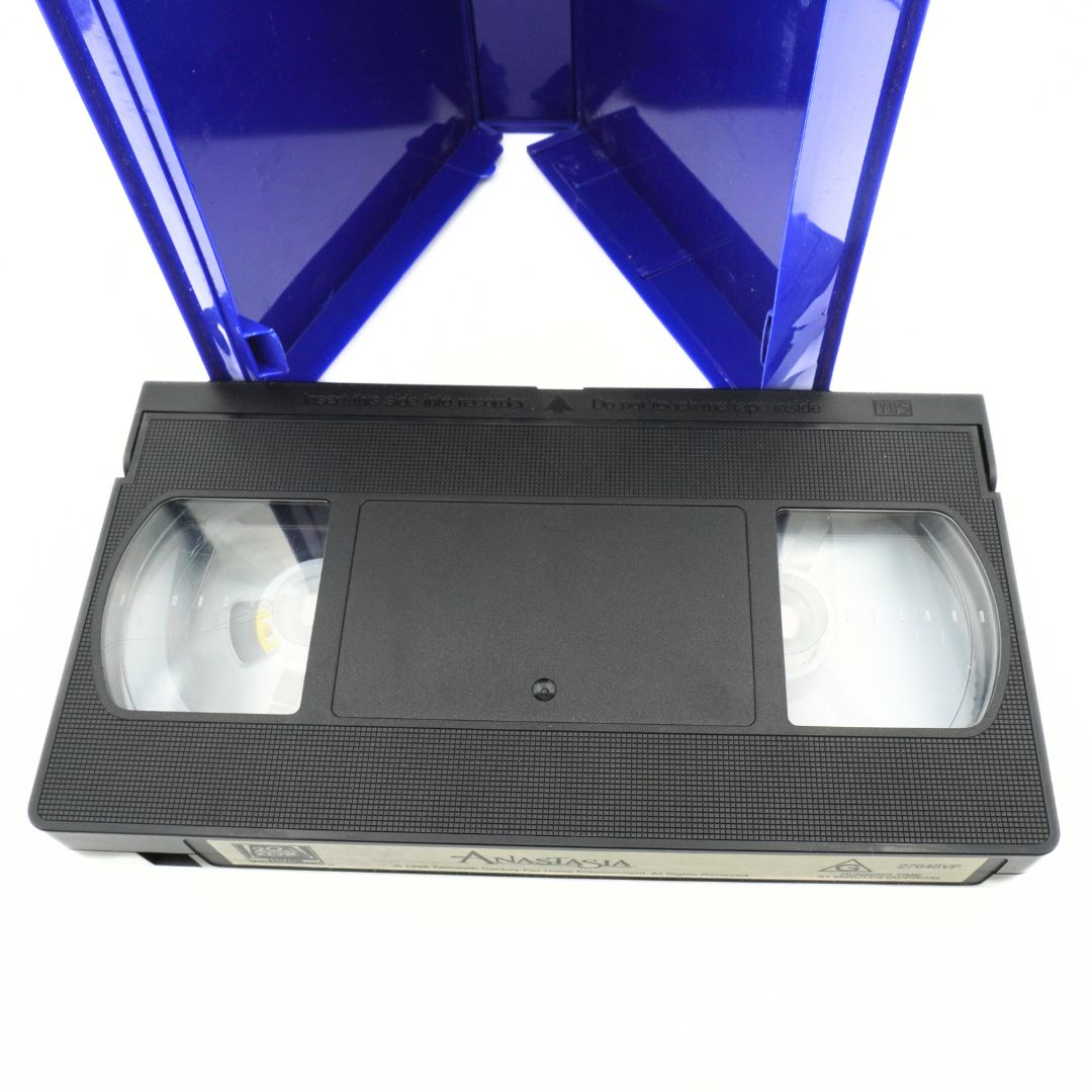 VHS tape with a blue box on a white background
