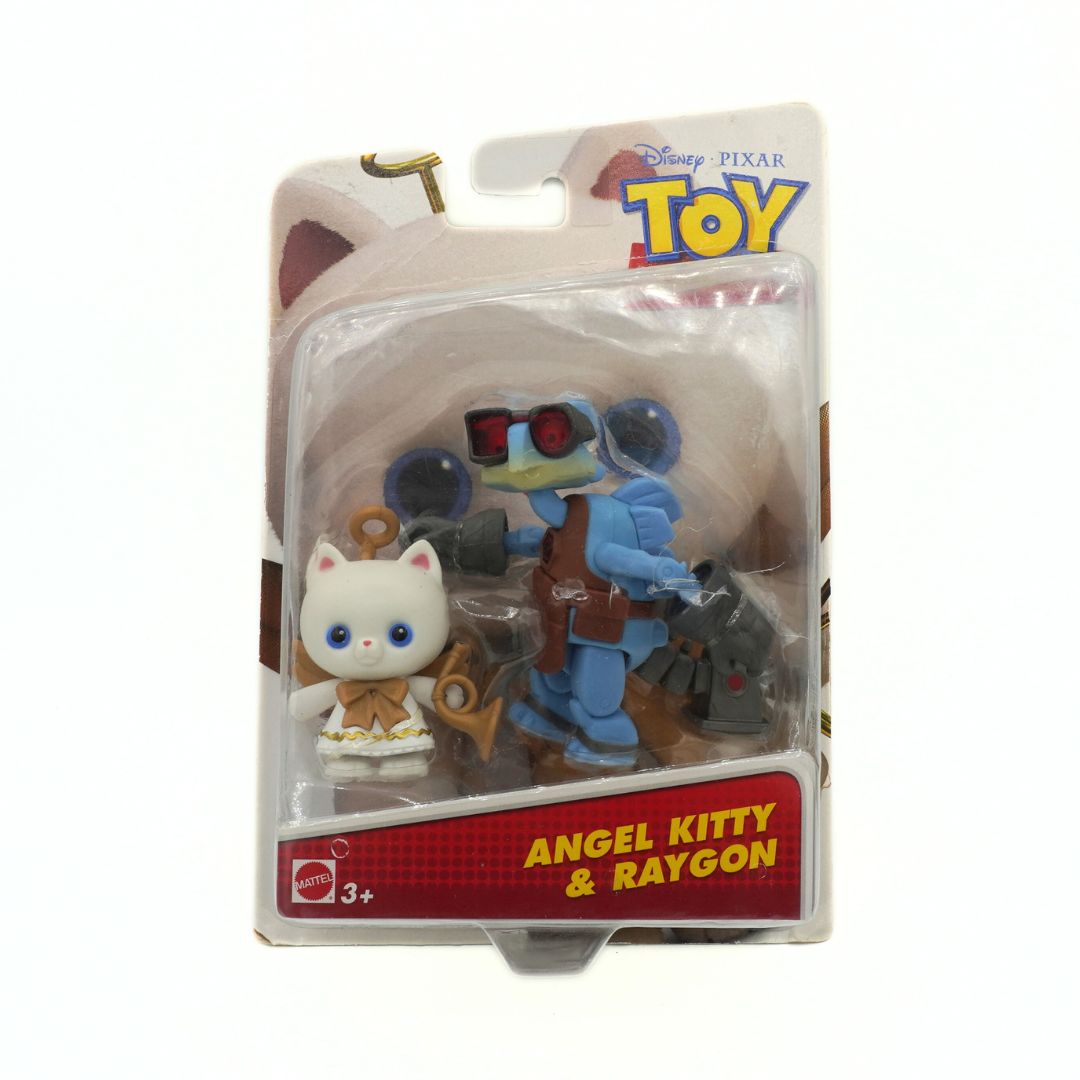 Packaged toy figures of Angel Kitty and Raygon from Toy Story on a white background.