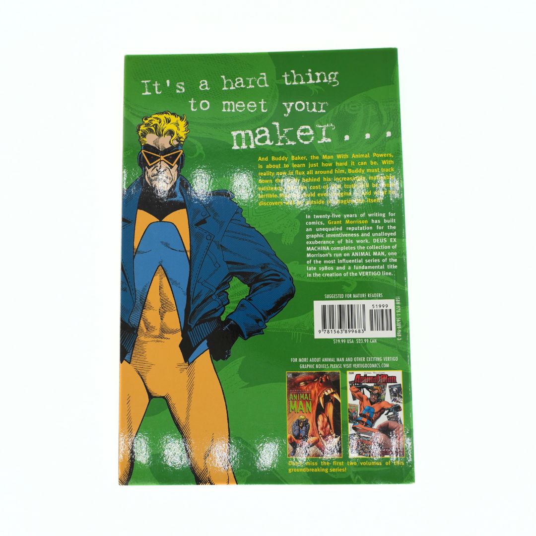 The back cover of a green comic book or booklet featuring an illustrated character in a blue and yellow suit, with white text reading 'It's a hard thing to meet your maker.