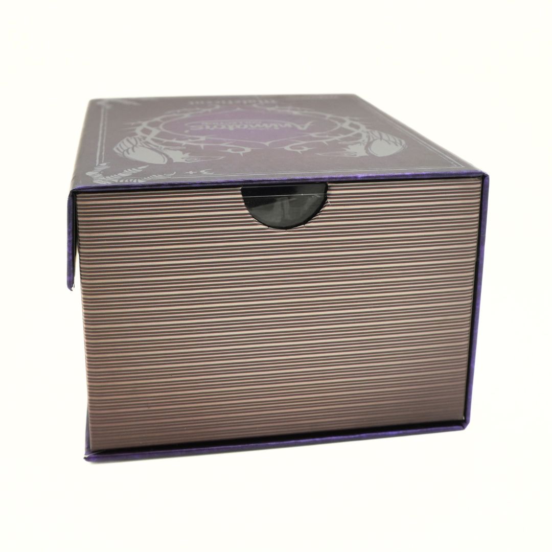 Cardboard box with a purple top and striped sides on a white background