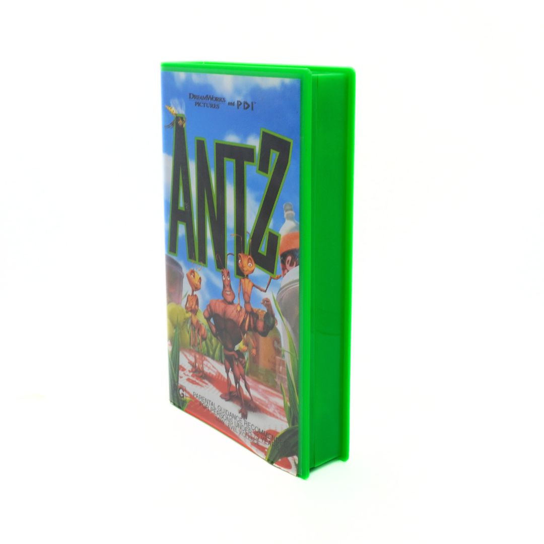 VHS tape with 'Antz' movie cover on a white background