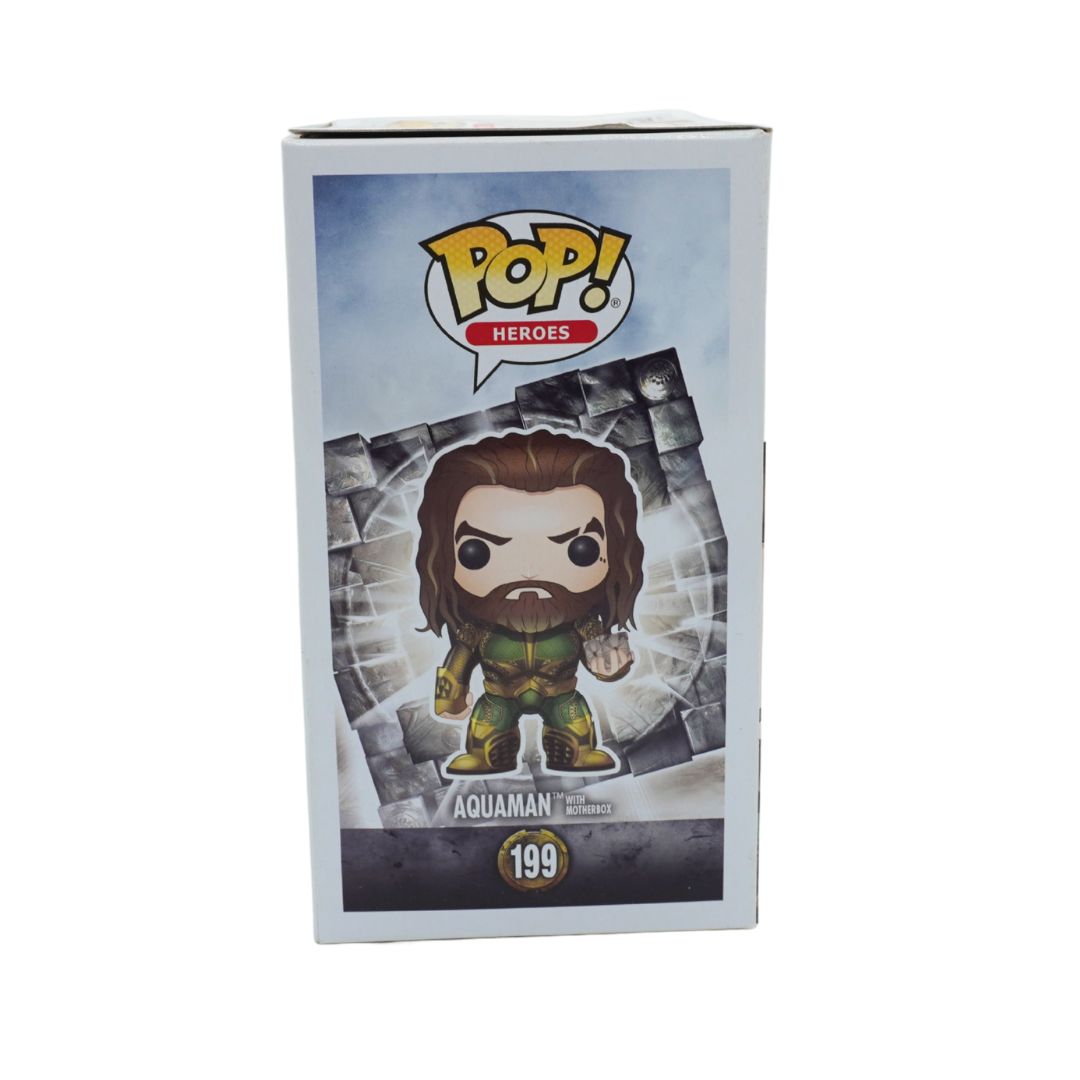 Funko Pop! Heroes Aquaman vinyl figure number 199 in its original white packaging box, featuring a graphic of Aquaman on the front.