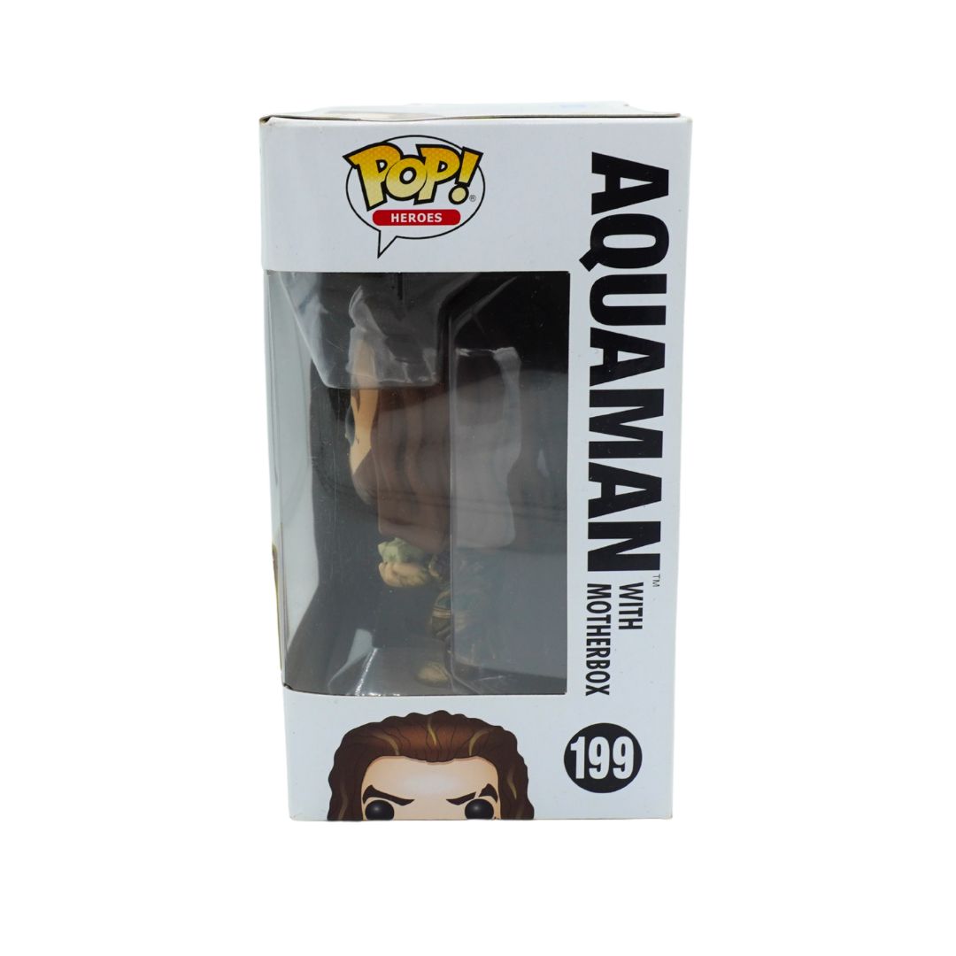 Funko Pop! Movies Aquaman with Motherbox vinyl figure in its original white window box packaging, featuring the Funko Pop! logo and Aquaman branding.