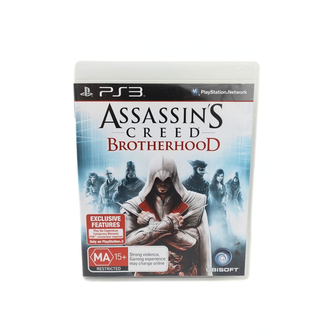 Front on photo of the cover from the PS3 Assassins Creed Brotherhood game case