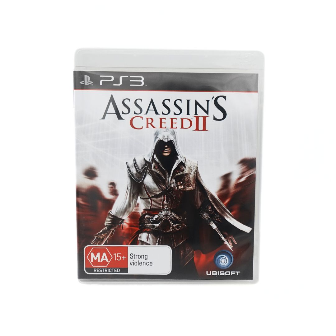 PS3 Assassin's Creed II game case with its MA15+ rating and Ubisoft branding