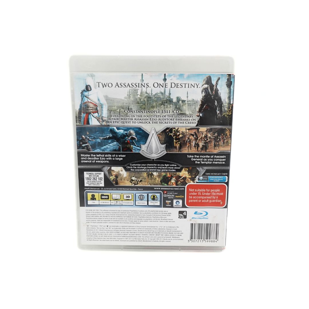 Back cover of the clamshell case from the 2011 Playstation 3 game Assassins Creed Revelations