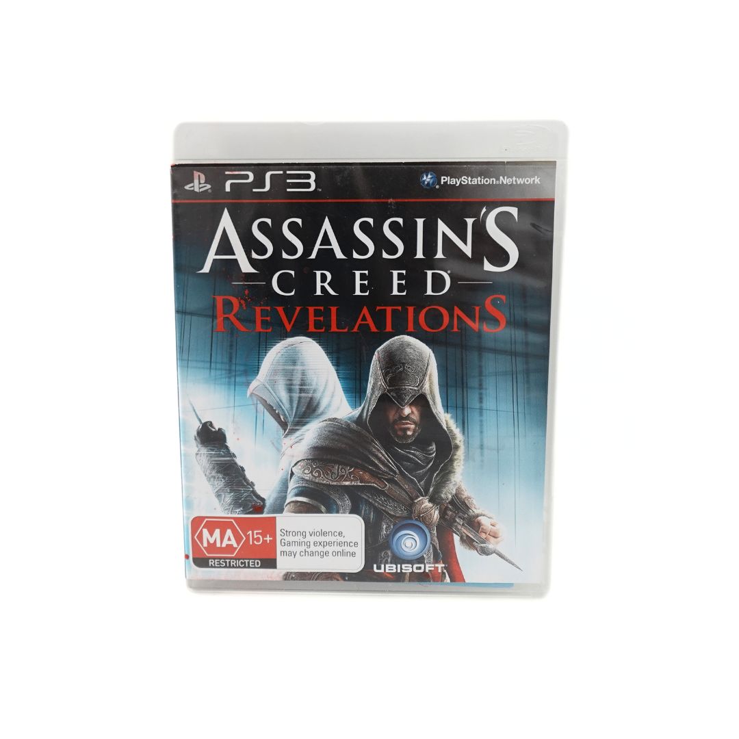 Photo of the front cover of the 2011 PlayStation 3 Ubisoft Assassin's Creed Revelations game, with its MA15+ rating