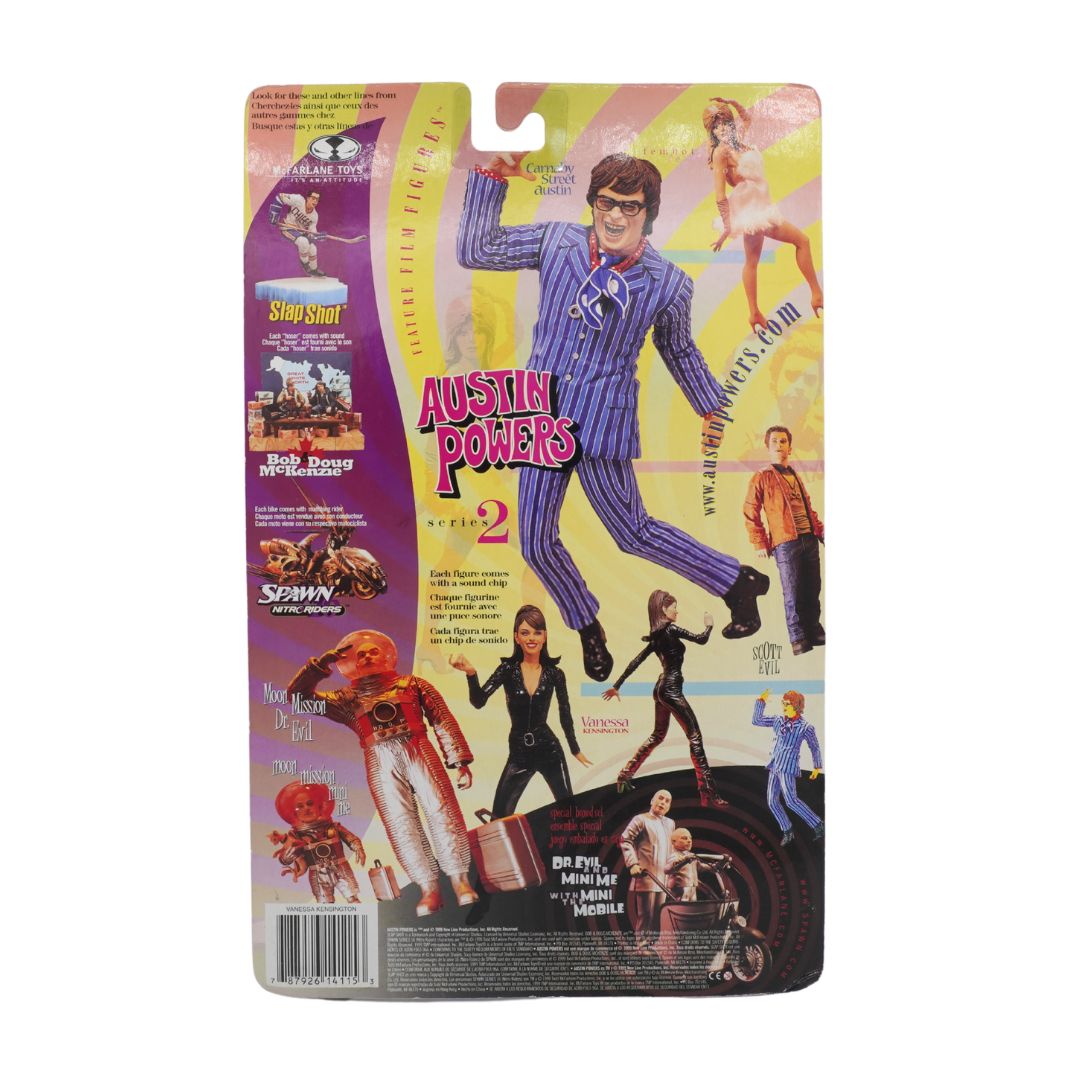Action figure packaging for 'Austin Powers' with character illustrations and movie references.