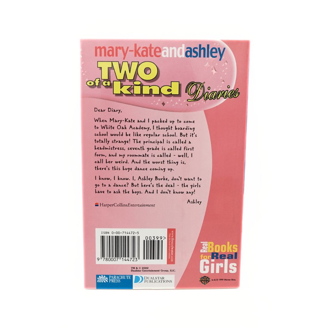 Back cover of the year 2000 paperback book Two of a Kind Diaries Calling all Boys 