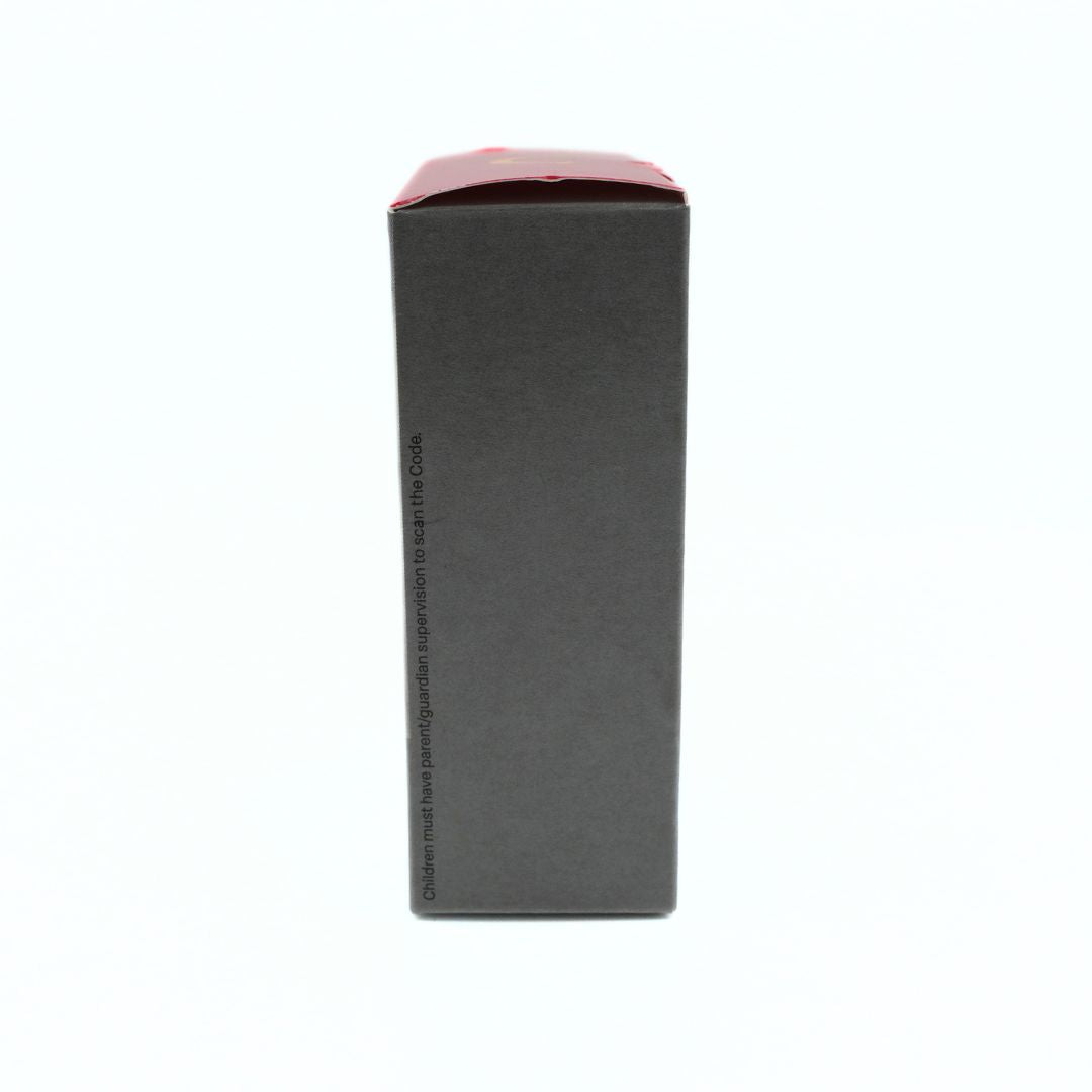 A tall, dark gray rectangular product box with a red top flap, shown upright against a plain white background.