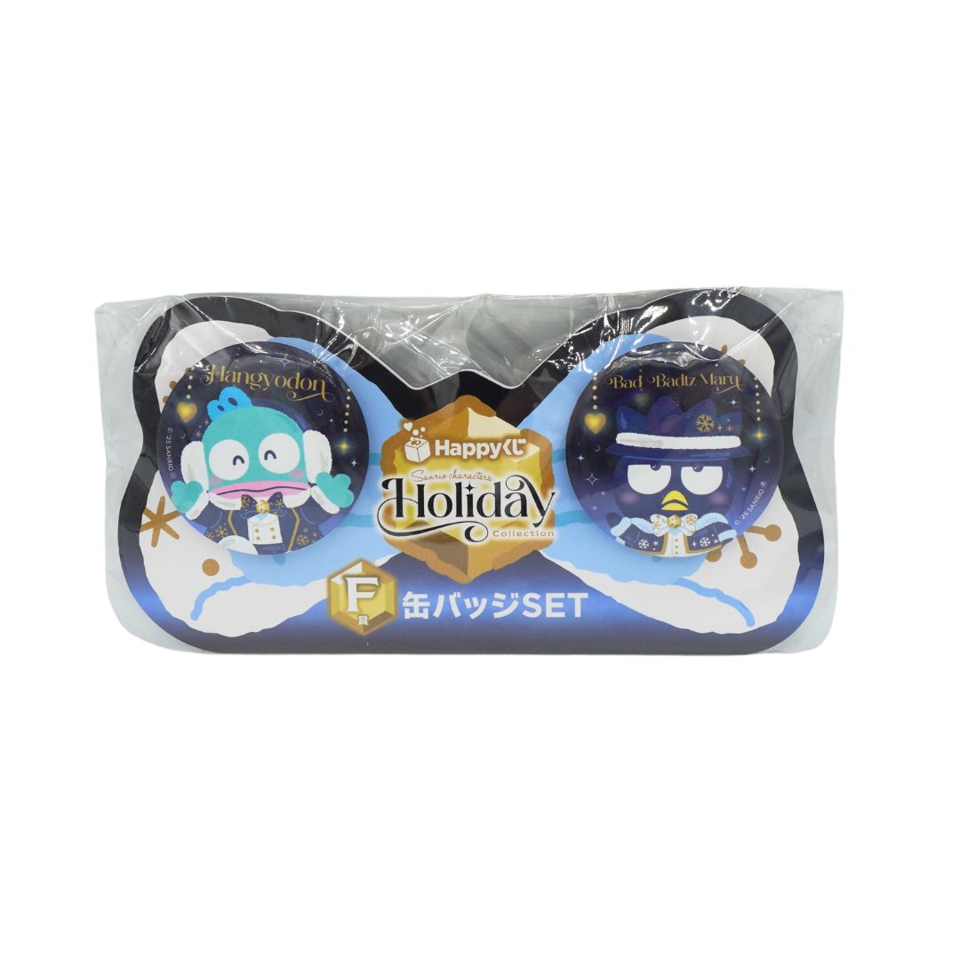A bow themed holiday badge set with Hangyodon and Bad Badtz Maru in winter clothes