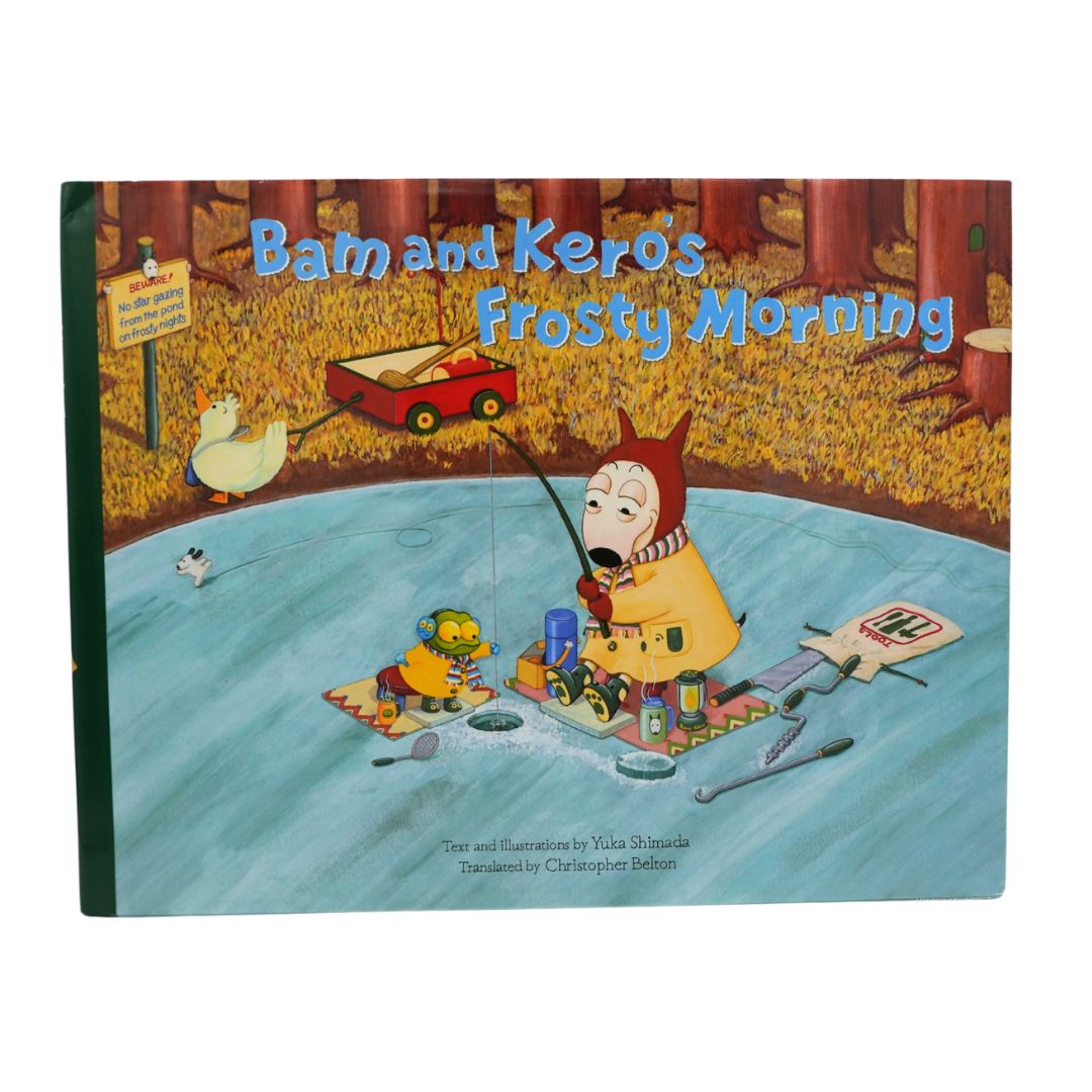 Front cover of a childrens book showing a dog and a frog ice fishing in a forest