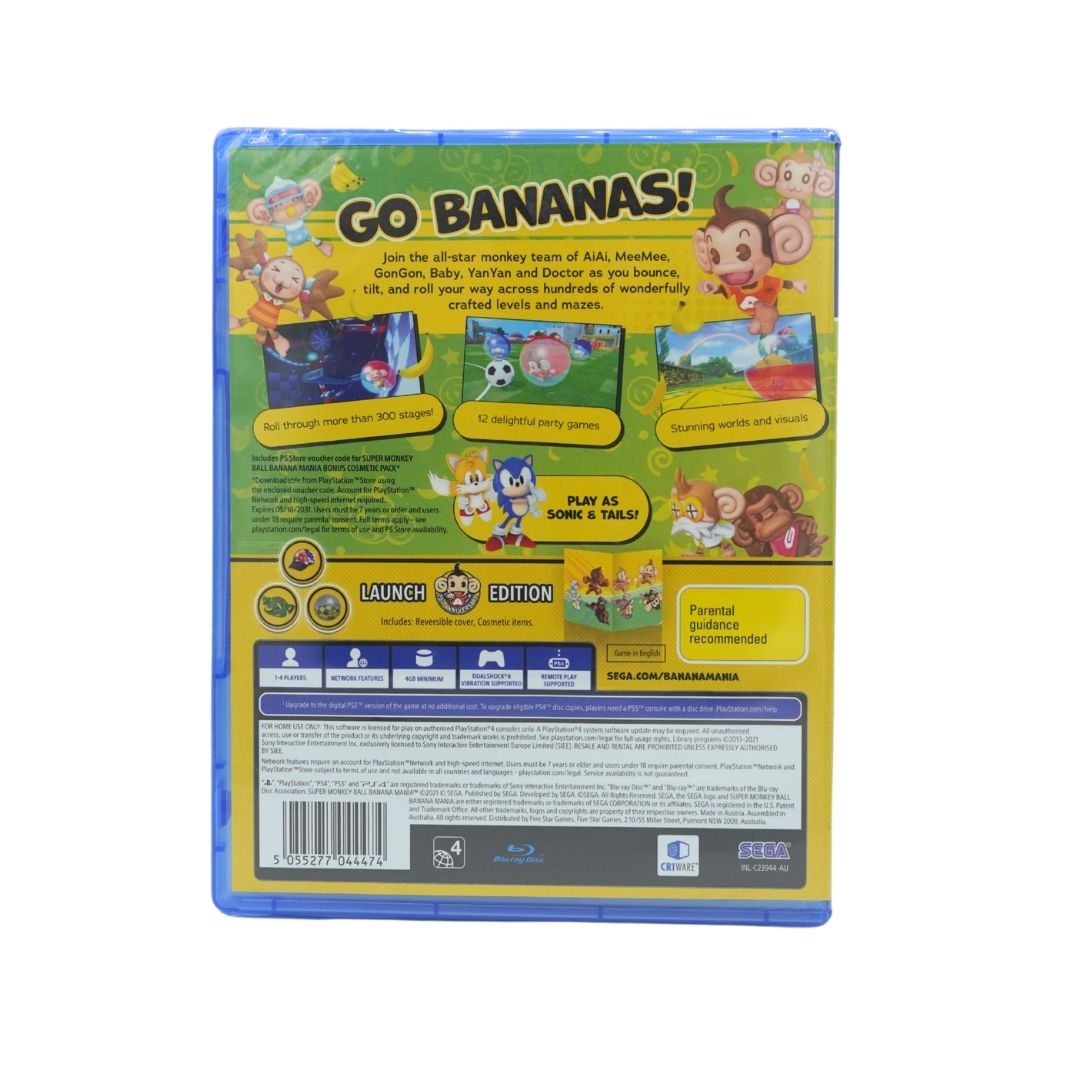 Back cover of a Banana Mania game, showing colorful character artwork, product details, and a blue plastic case border on a white background.