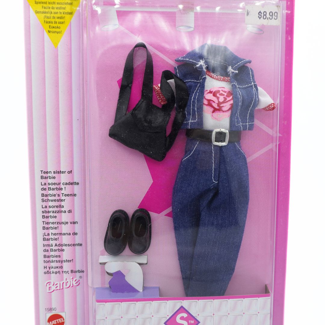 Barbie fashion pack with denim outfit, shoes, and accessories on pink packaging