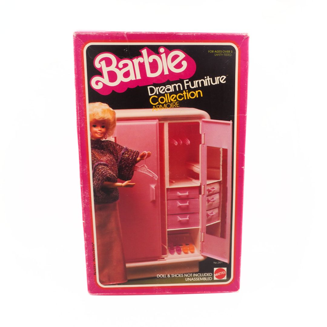 Barbie Dream Furniture Collection Armoire packaging with a doll on a white background