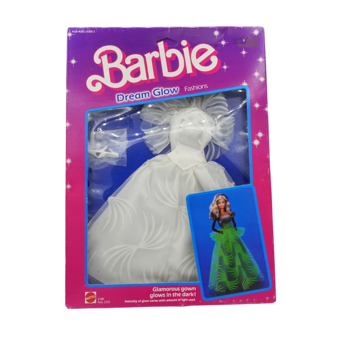Barbie Dream Glow fashion dress in packaging with a purple background