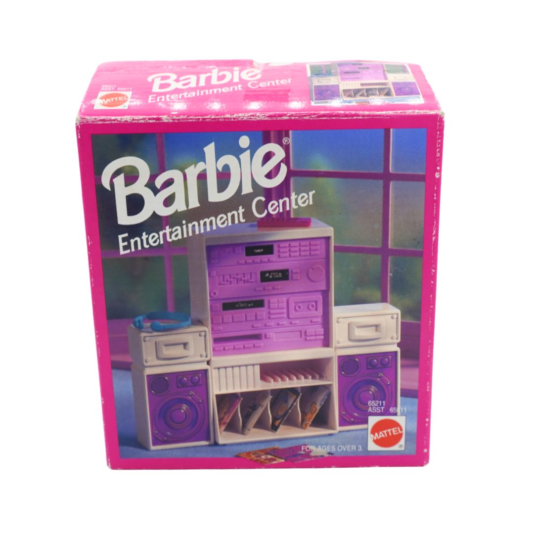 Barbie Entertainment Center 1993 Mattel toy set in its original pink packaging, featuring a purple and beige boombox-style stereo unit.