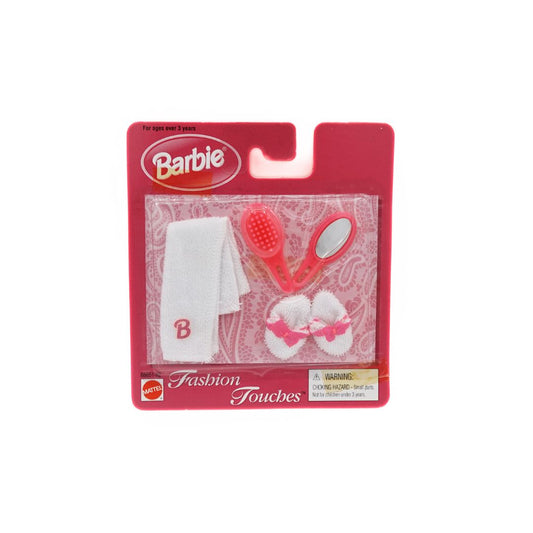 A front on photo of the 1998 Barbie accessory set featuring a towel, slippers, brush and mirror