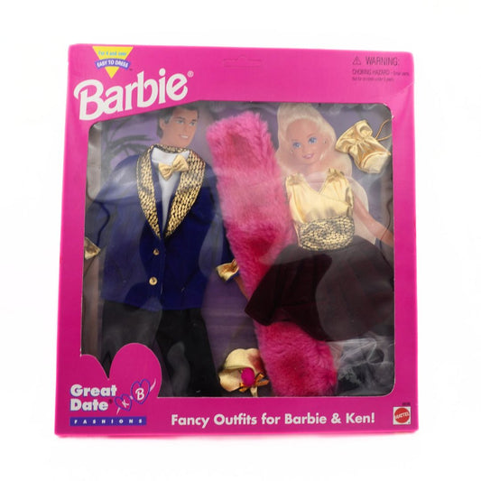 Barbie and Ken packaging with fancy outfits on a pink background
