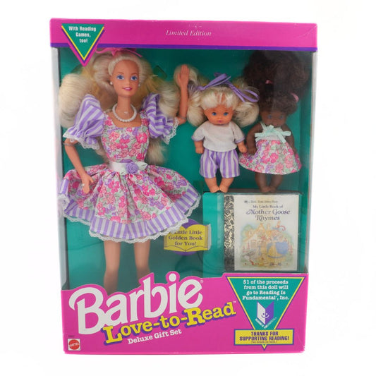 Barbie Love-to-Read Deluxe Gift Set packaging with dolls and book