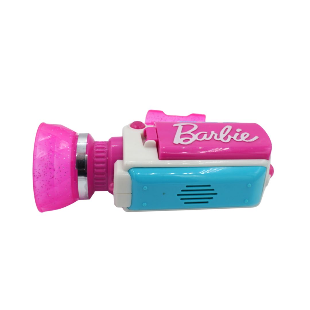 A retro-style Barbie toy camcorder in pink, turquoise blue, and white, featuring the Barbie logo on the side.