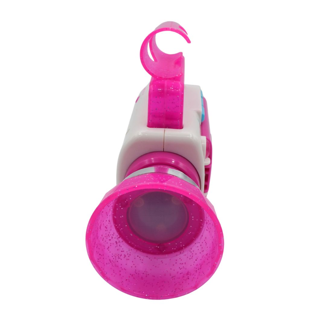 A pink and white toy with a glittery pink lens and a hook-like handle on top, shown against a plain white background.