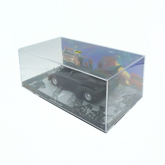 Clear display case with a model car inside on a white background