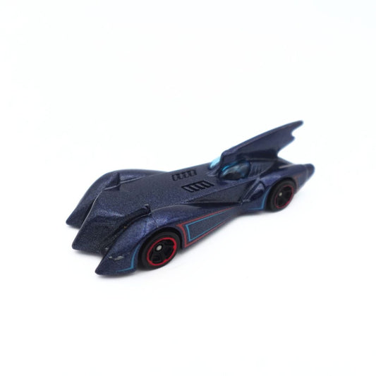 Photo of the Hot Wheels 2014 Batman The Brave and the Bold Batmobile showing a navy glittery paint with red and blue details