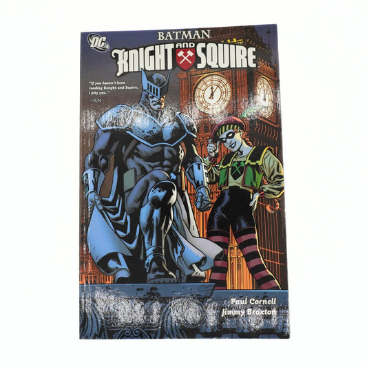 A comic book titled 'Batman Knight and Squire' by DC Comics, featuring illustrated covers of Batman and Robin Hood on a white background.