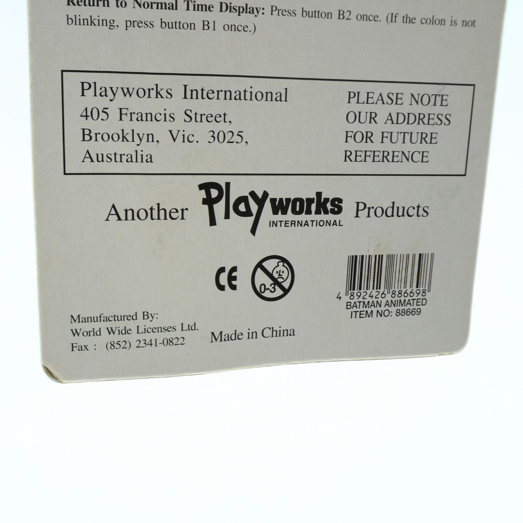Back of a Playworks product packaging with branding and contact information.