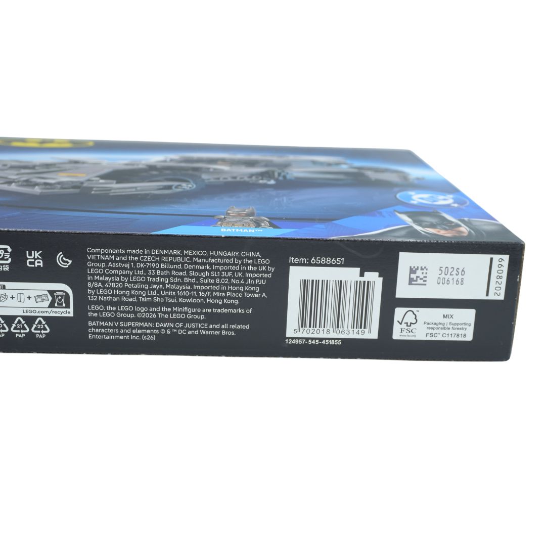 A Lego box for the Batman V Superman Batmobile car, photographed against a white background