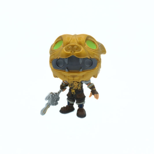 Figurine with a yellow helmet and green eyes on a white background