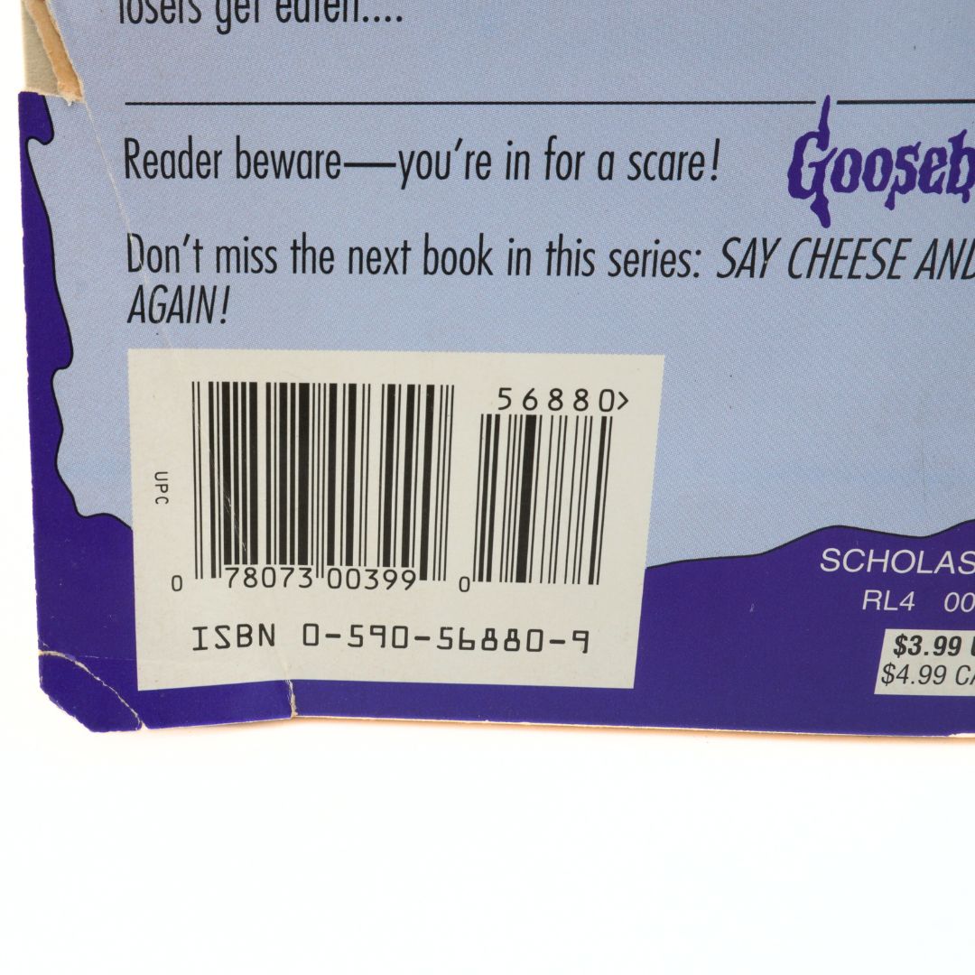 Barcode and creasing on a vintage 1996 Goosebumps book cover