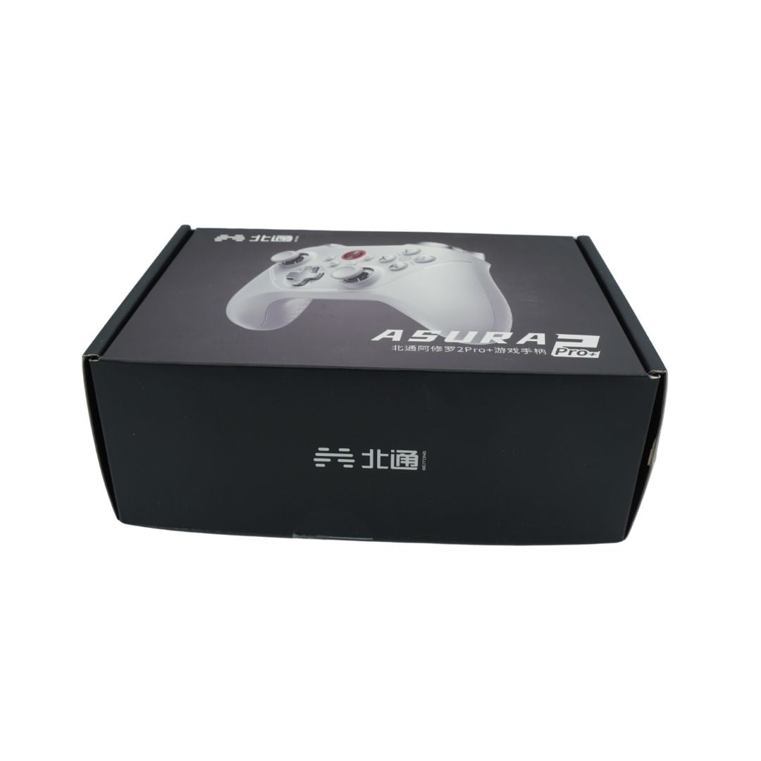 Bottom of a black cardboard box holding an Asura 2 Pro+ controller in a white colour