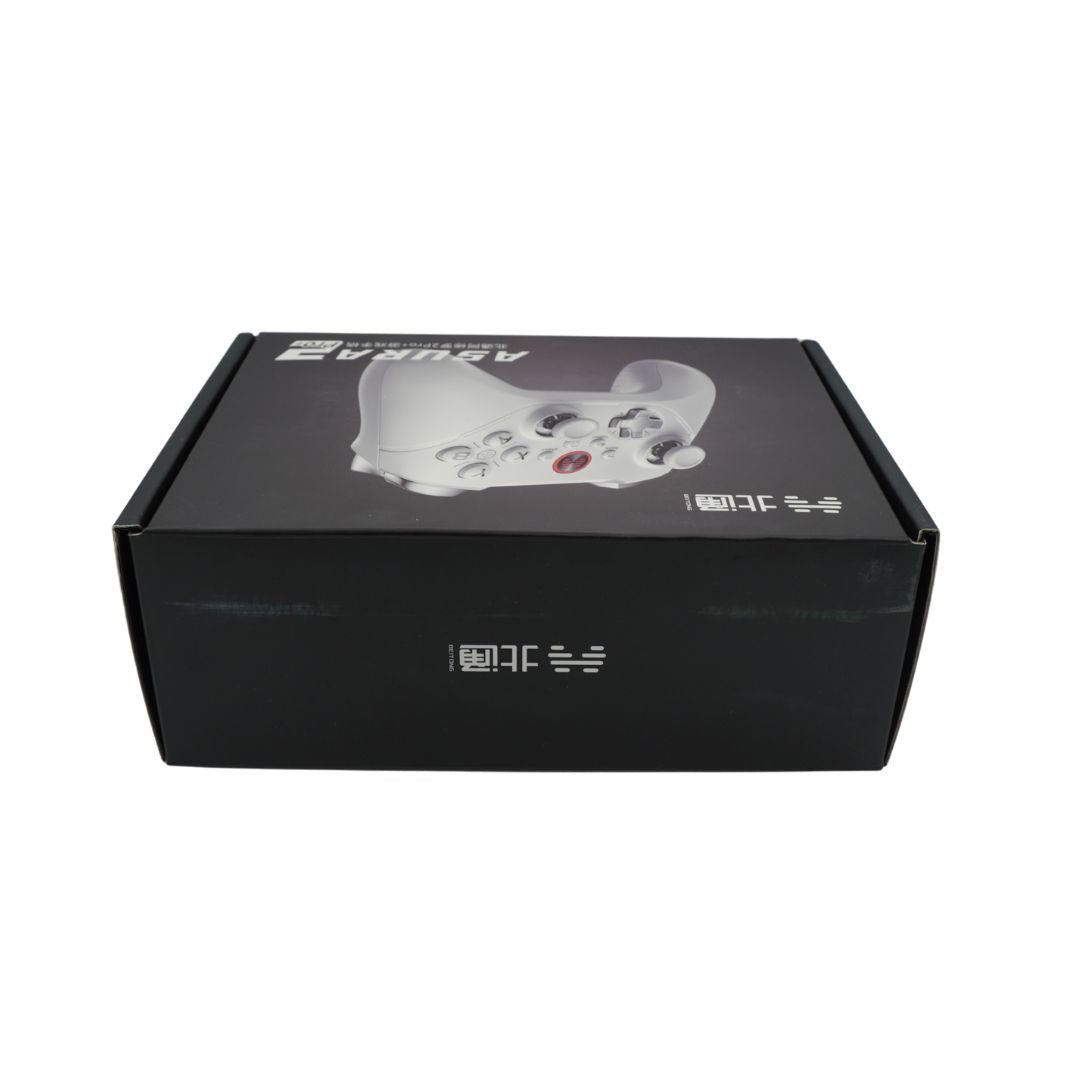 Top of a black cardboard box holding an Asura 2 Pro+ controller in a white colour
