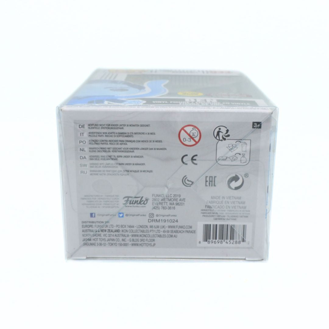 The back of a Funko Pop! vinyl figure box, showing product specifications, regulatory icons, and a barcode on a white background.