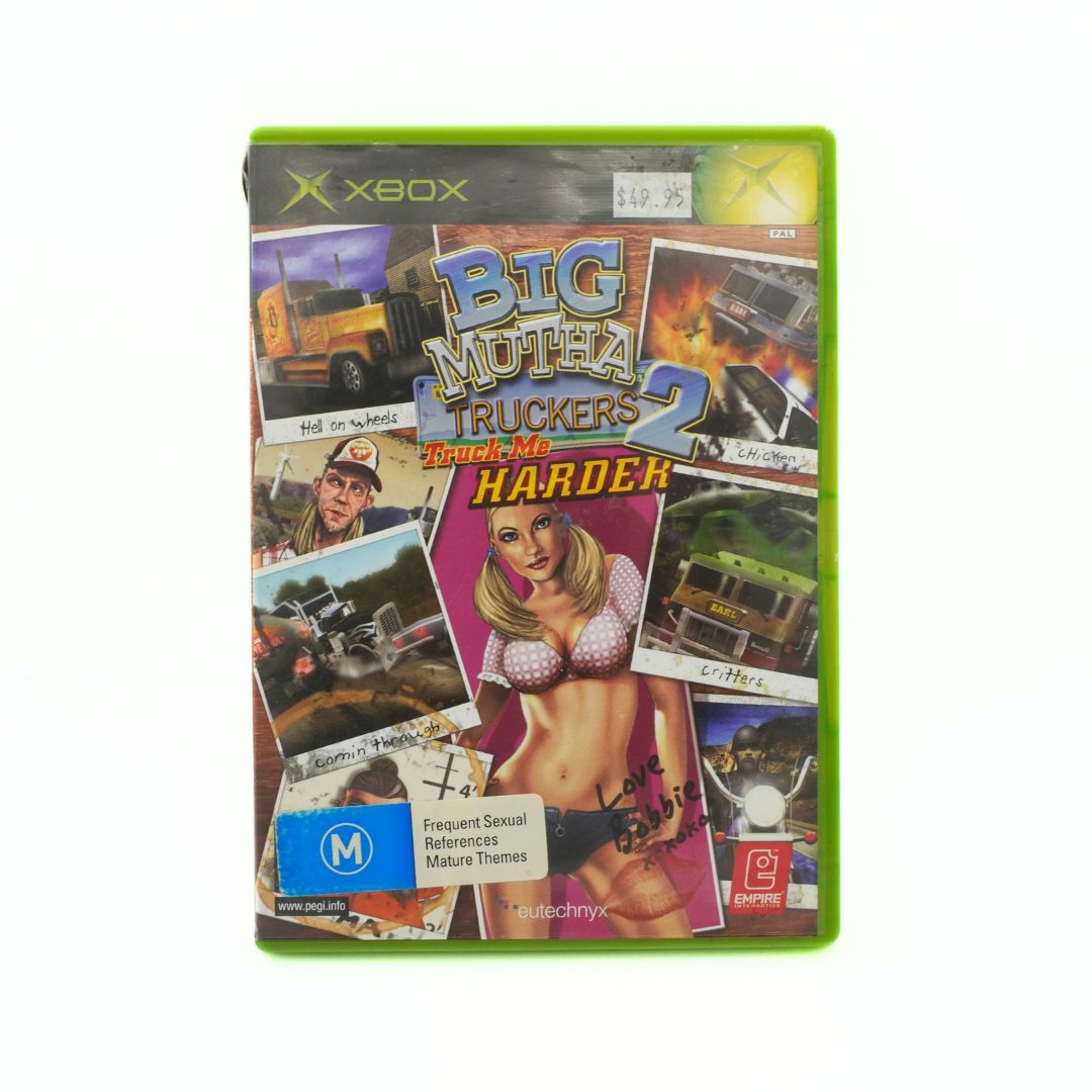 Xbox game case titled 'Big Mutha Truckers 2' with various images and text on a white background.